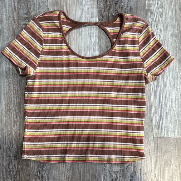 SO JUNIORS L CUT OUT TEE BROWN STRIPE - Picture 1 of 4